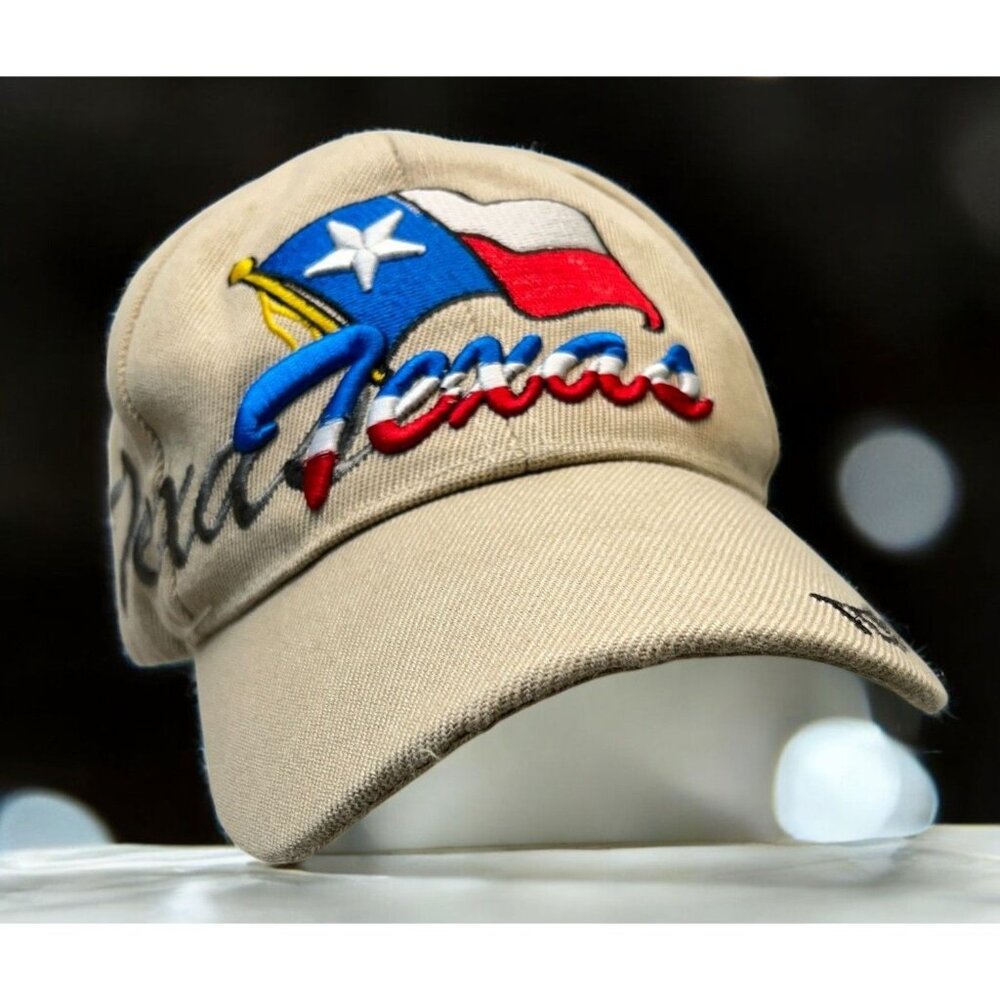 Texas Flag Baseball Cap Strapback Hat USA Patriotic Embroidered Khaki